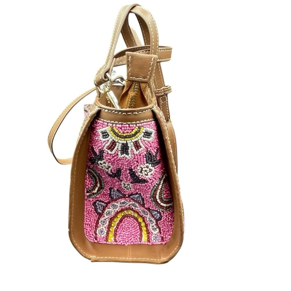 Pink Seed Bead Floral Mini Barrel Handbag Crossbody Strap Made In India New - Picture 2 of 10